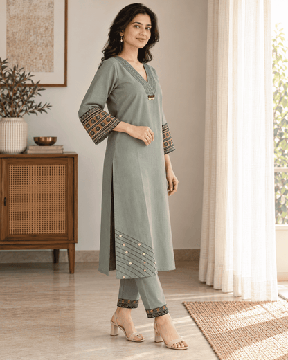Grey Embroidered Cotton Blend Kurta Pant Set