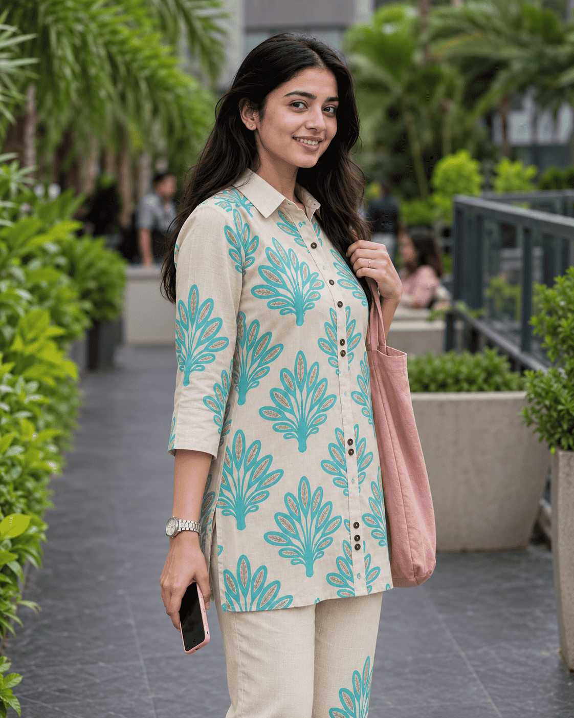 Off-White With Mint Green Threadwork Khadi Cotton Kurta Pant Set