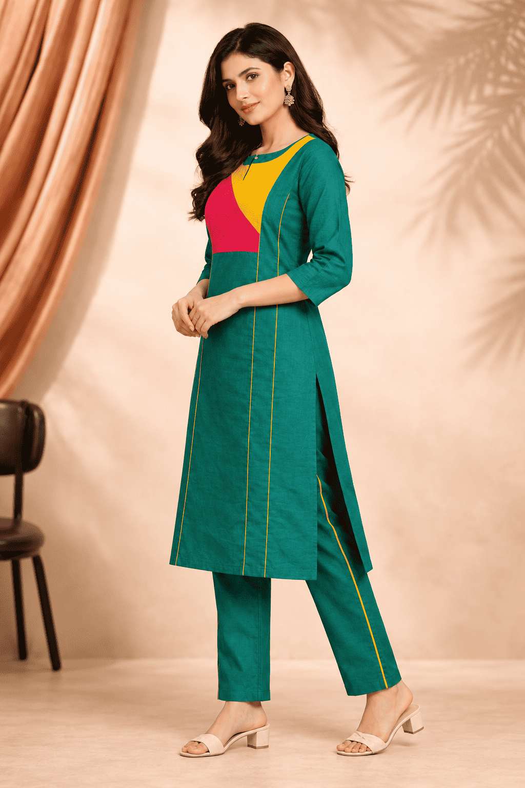 Emerald green vibrant multicolour panel design linen kurta pant set