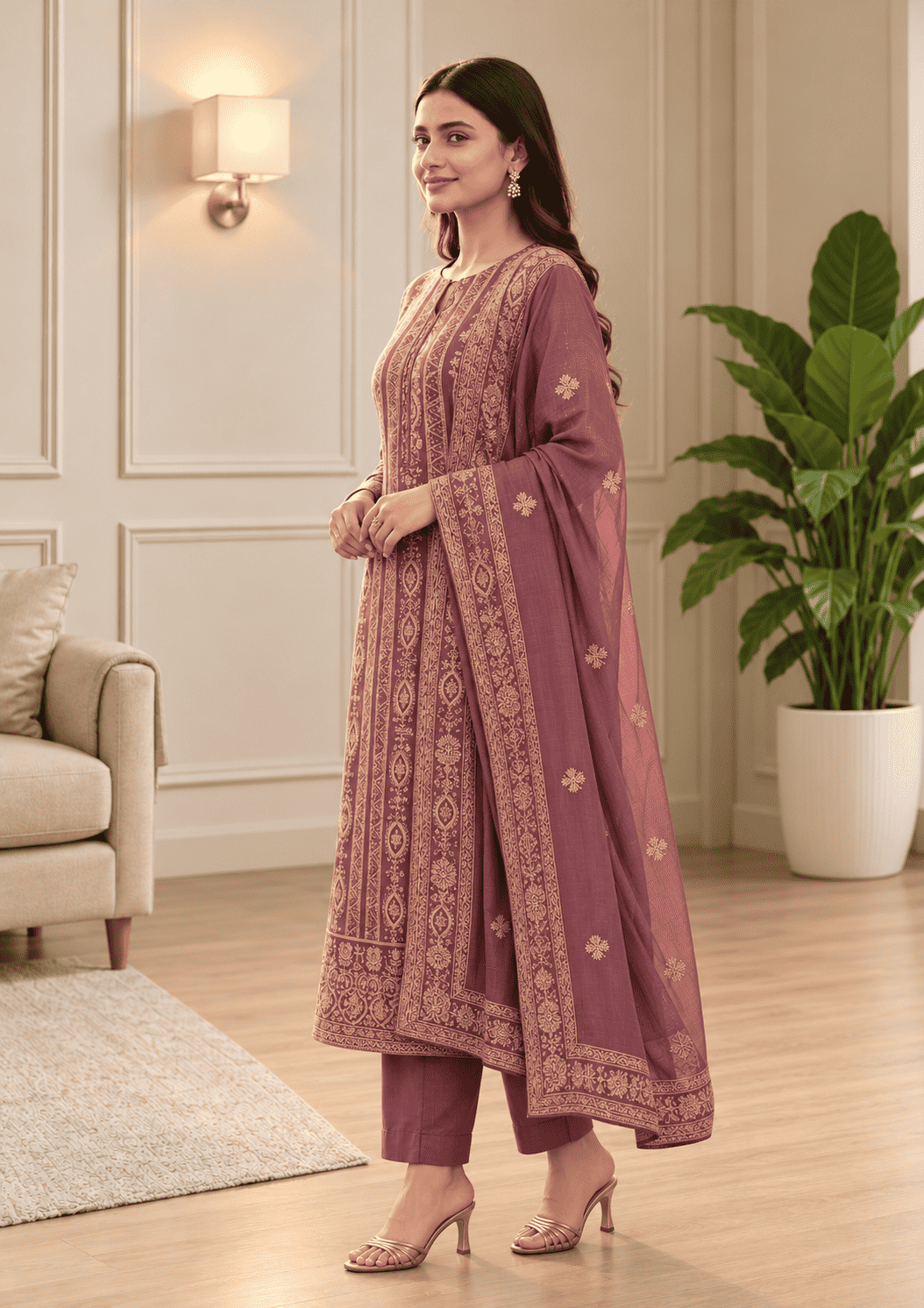 Unstitched Dusty Mauve-Purple Viscose-Georgette Fabric Adorned With Delicate Ivory Thread Embroidered Suit Material