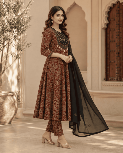 Brown Printed Cotton Anarkali Suit With Solid Black Dupatta