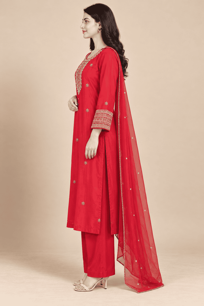 Magenta Embroidered Dola Silk Kurta and Pant with Dupatta