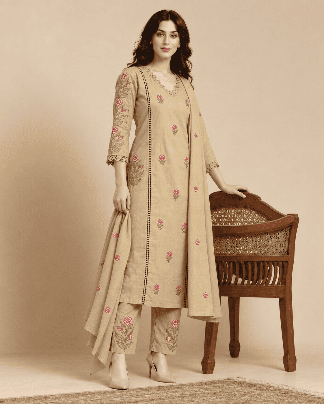 Cream Embroidered Mul Cotton Kurta and Printed Pant with Dupatta