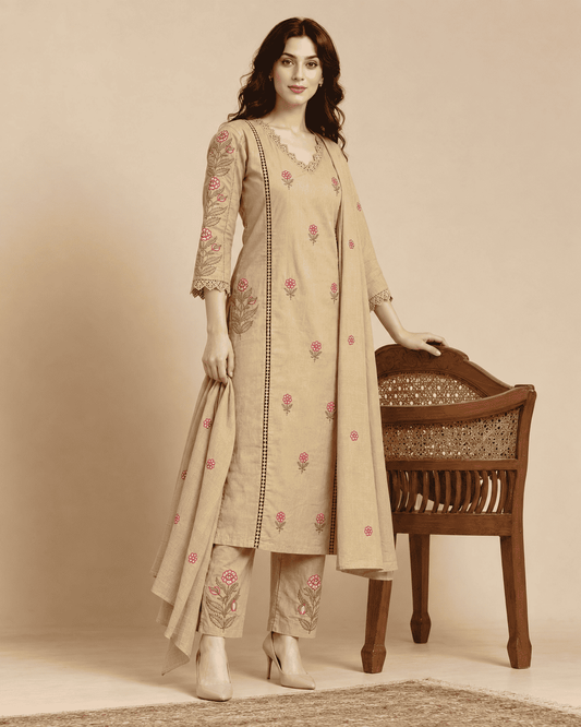 Cream Embroidered Mul Cotton Kurta and Printed Pant with Dupatta