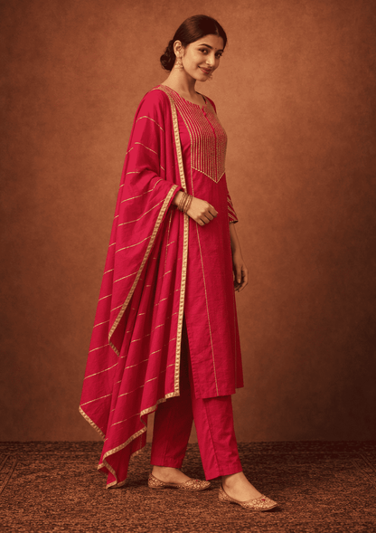 Fuchsia gota work cotton kurta pant set with gold stripes dupatta