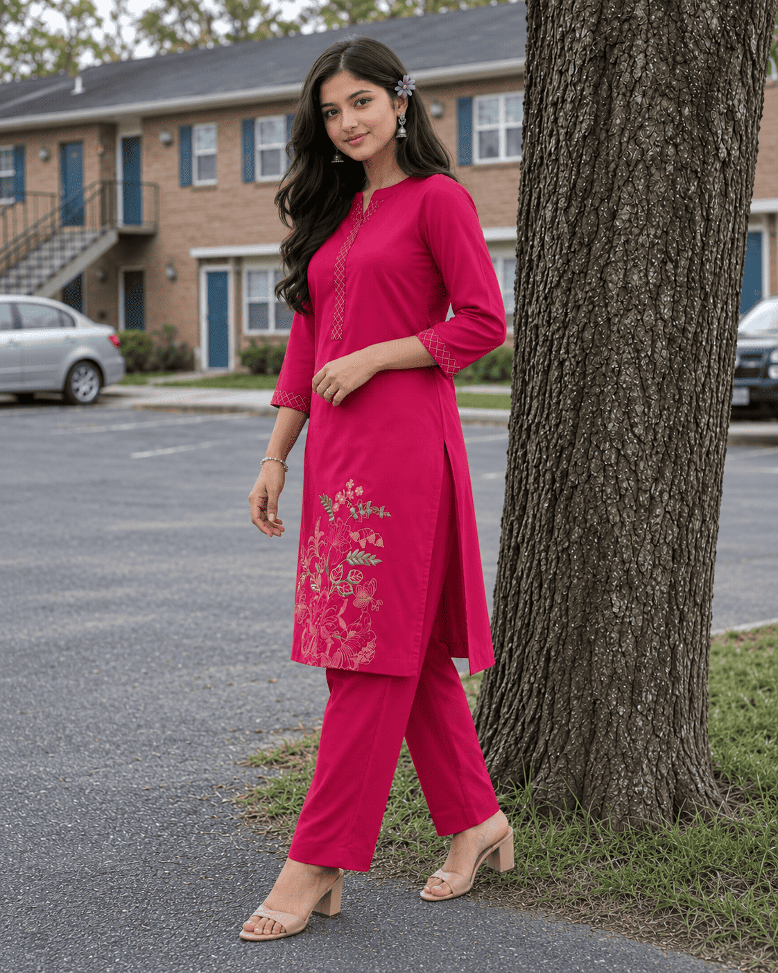 Pink Modal Cotton Embroidered Kurta Pant Set