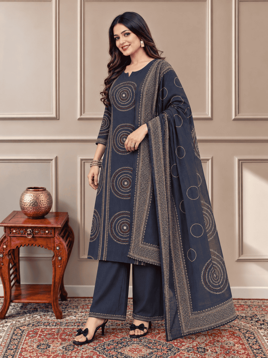 Navy Blue Printed Cotton Kurta and pant with dupatta