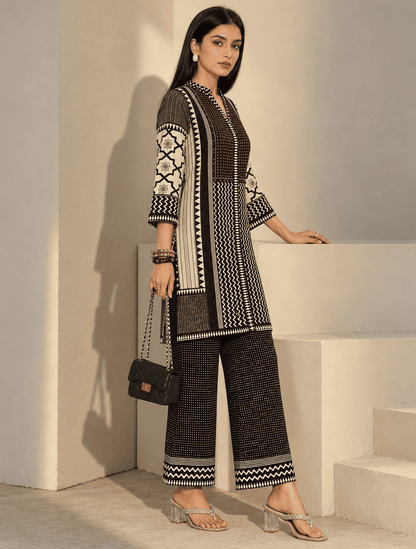 Black & Ivory Printed Modal Rayon Kurta Pant Set