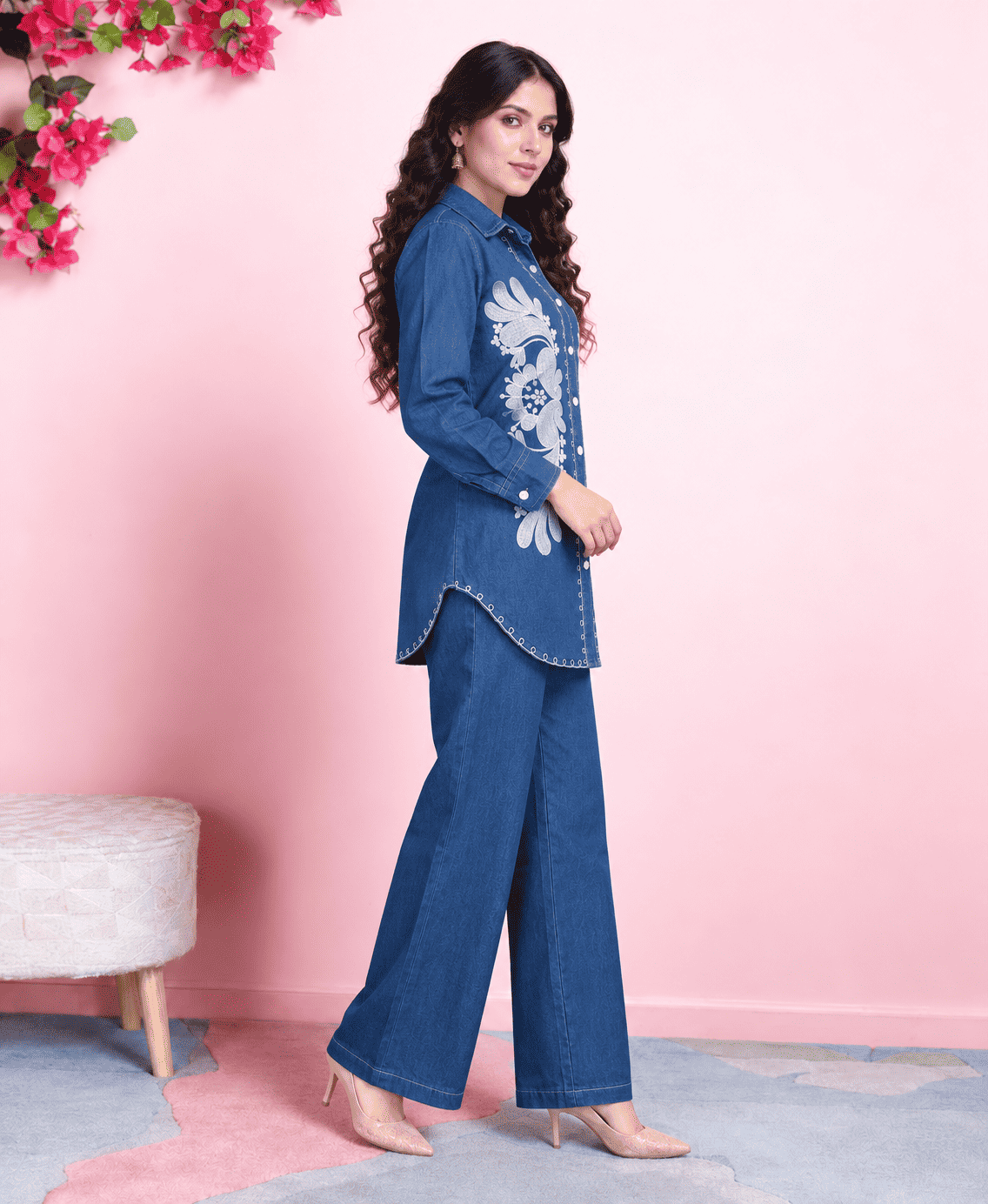 Indigo Blue Embroidered Denim Co-ord Set