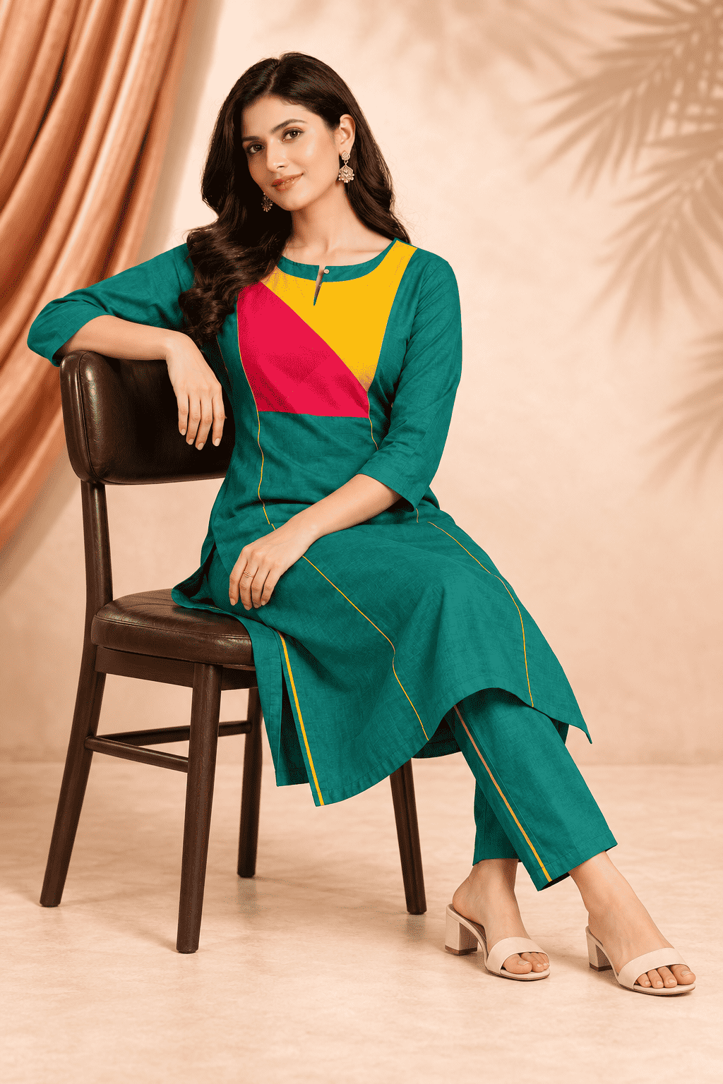Emerald green vibrant multicolour panel design linen kurta pant set