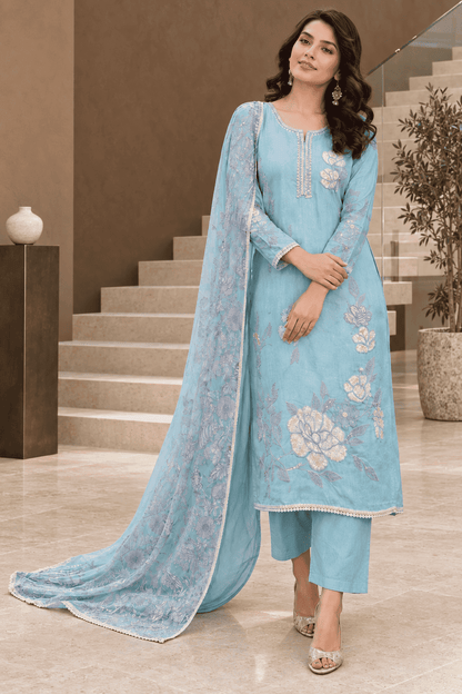 Unstitched Aqua Green Embroidered Cotton Slub Suit Set With Dupatta