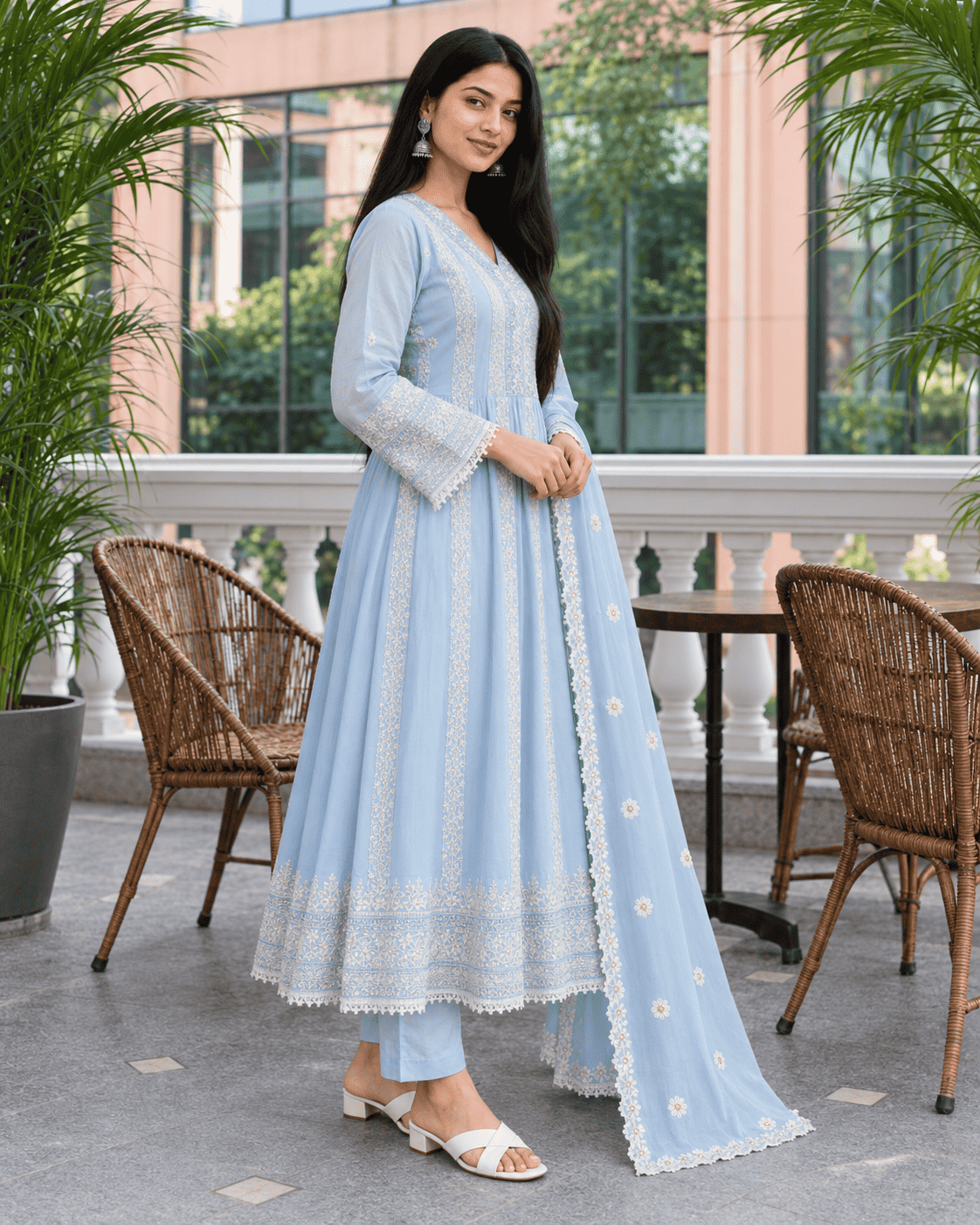 Sky Blue Embroidered Mul Cotton Kurta Pant and Dupatta