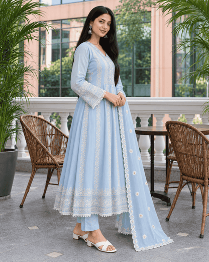 Sky Blue Embroidered Mul Cotton Kurta Pant and Dupatta