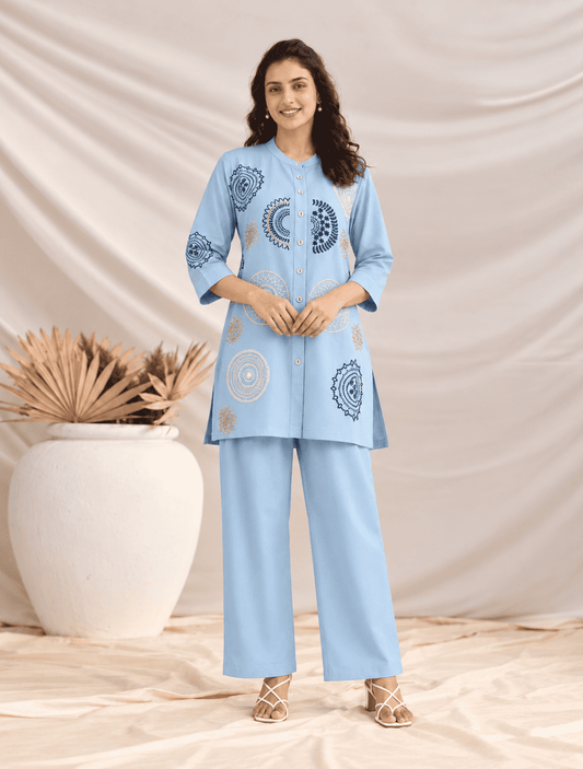 Sky Blue Butter Crepe Embroidered Kurta Pant Set
