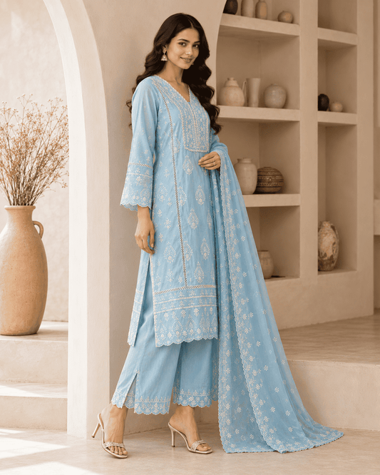 Sky Blue Chikankari Embroidered Mul Cotton Kurta Pant With Dupatta