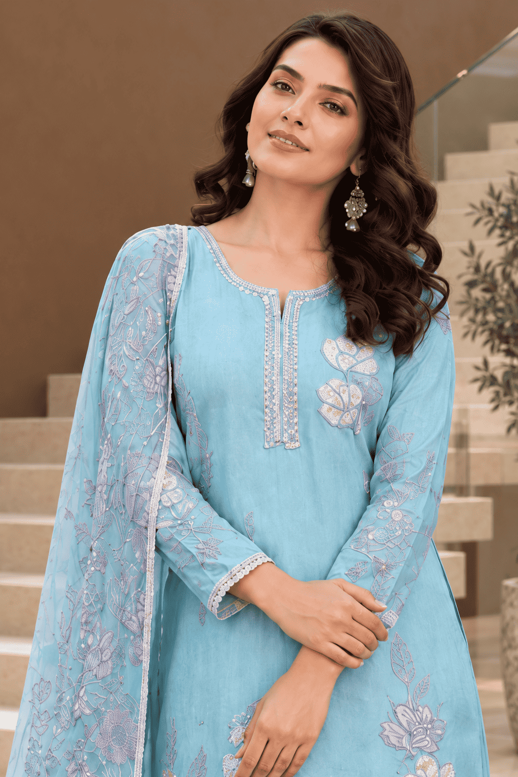 Unstitched Aqua Green Embroidered Cotton Slub Suit Set With Dupatta