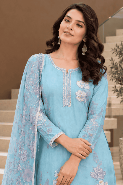 Unstitched Aqua Green Embroidered Cotton Slub Suit Set With Dupatta