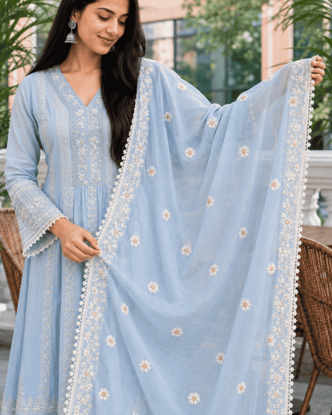 Sky Blue Embroidered Mul Cotton Kurta Pant and Dupatta