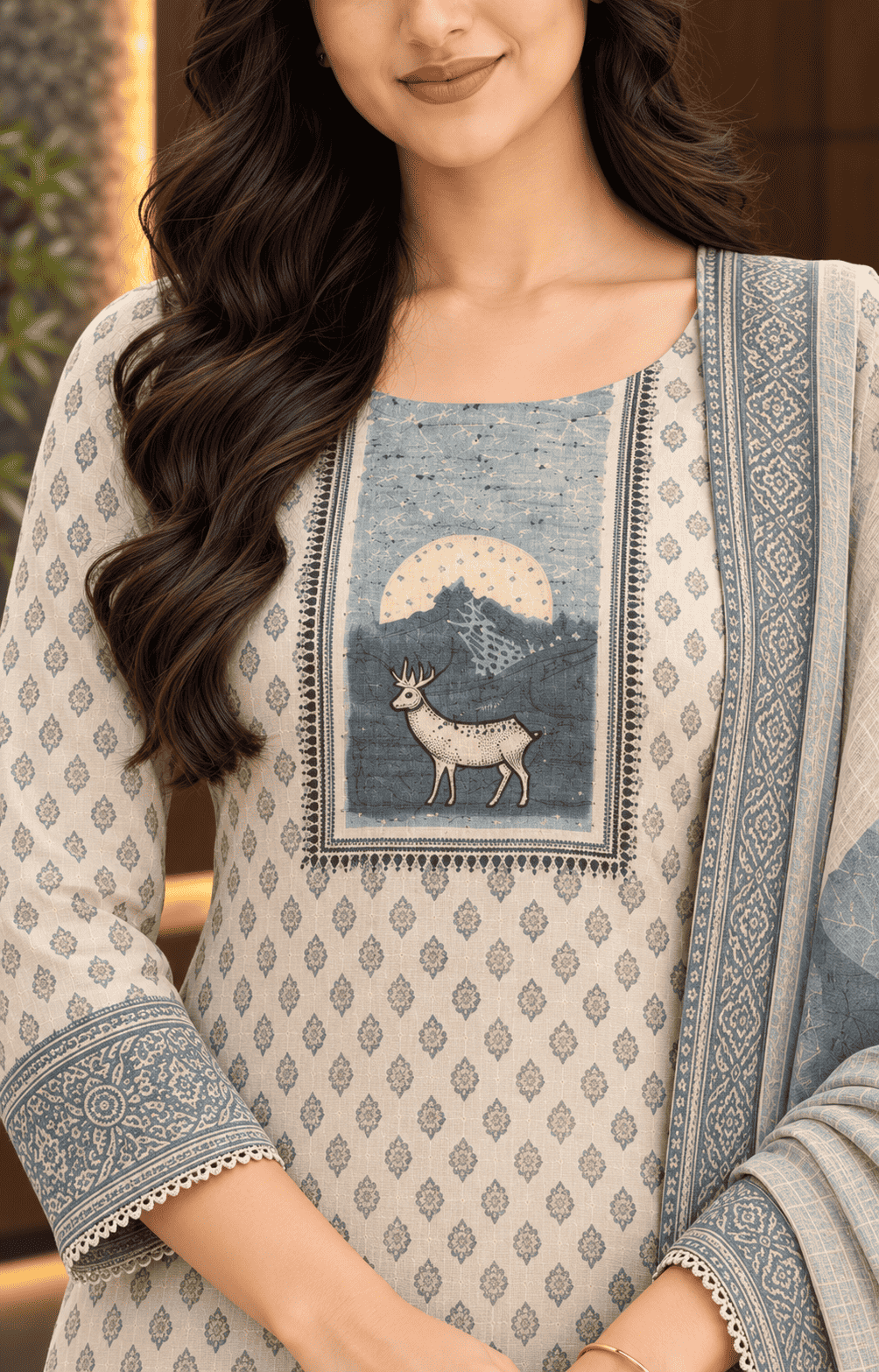 Unstitched offwhite with Blue print cotton suit set with dupatta
