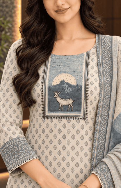 Unstitched offwhite with Blue print cotton suit set with dupatta
