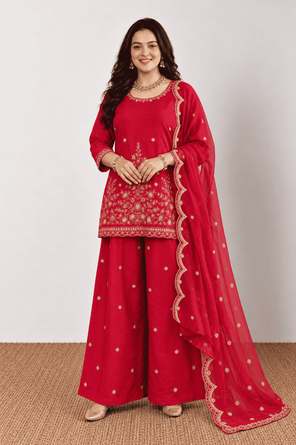 Fuchsia Cotton Straight Kurta palazzo With Dupatta