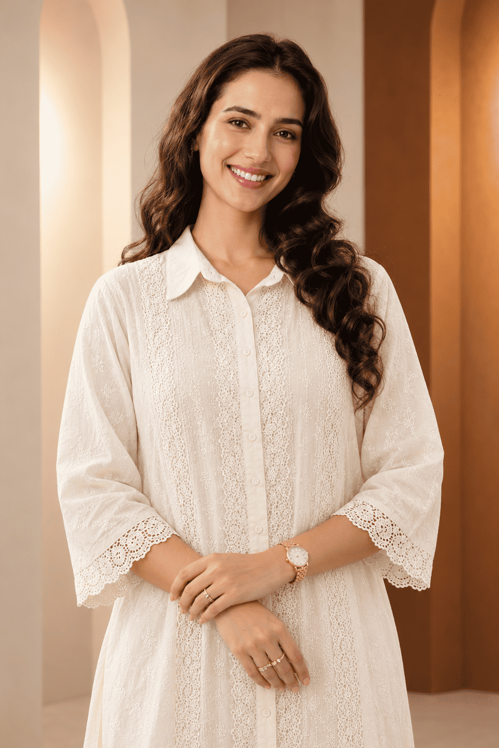 Ivory collar neck schiffli Kurta Pant Set