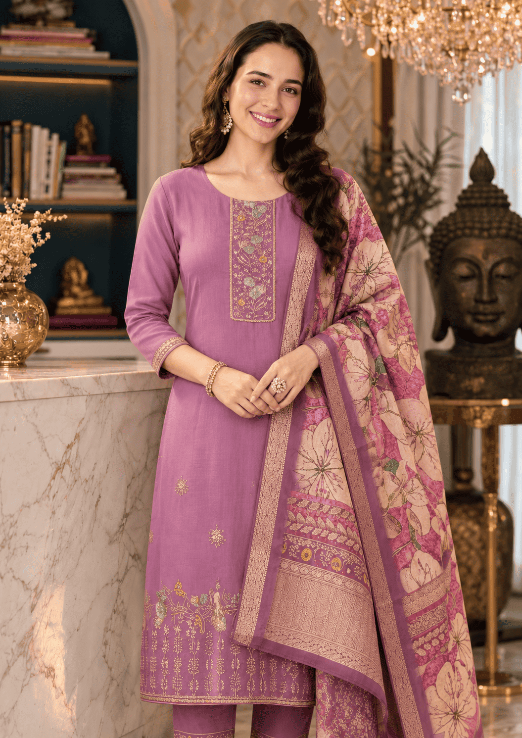 Lavender Cotton Blend Kurta Pant With Floral Printed Dupatta