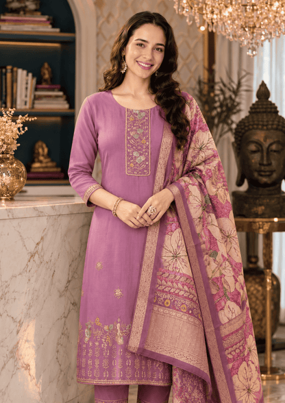Lavender Cotton Blend Kurta Pant With Floral Printed Dupatta