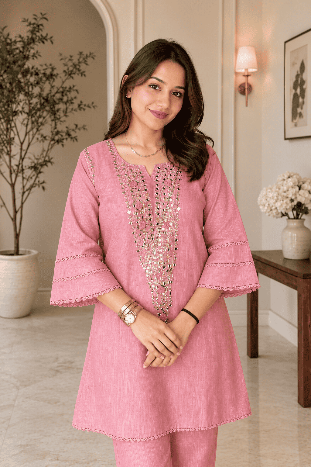 Dusty Pink Cotton Blend Embroidered Kurta With Pant