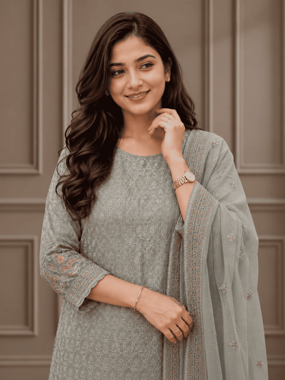 Unstitched Soft Dove-Grey Georgette Suit With Ivory Thread Embroidery And Subtle Sequin Highlights