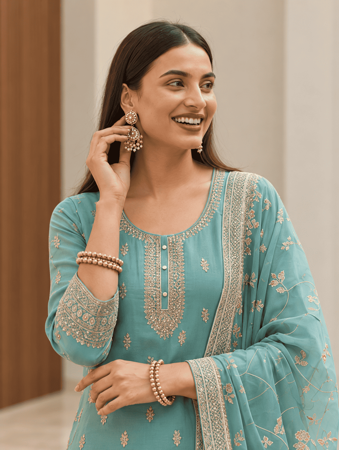 Semi-Stitched Light Aqua Pure Organza Suit With Delicate Zariâ€“Resham Thread Embroidery