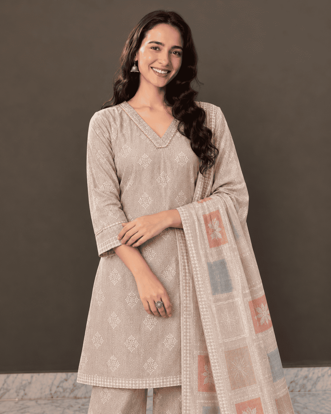 Beige Floral Printed Linen Kurta Pant and Dupatta