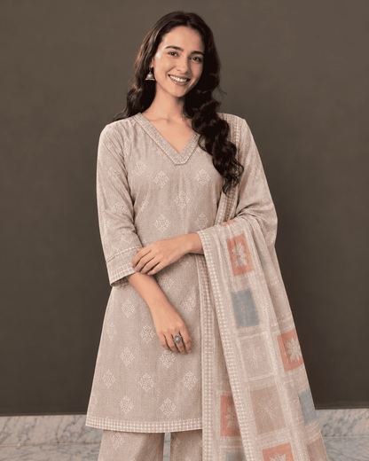 Beige Floral Printed Linen Kurta Pant and Dupatta