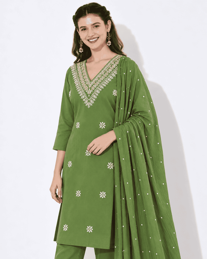Green Embroidered Cotton Blend Kurta Pant and Dupatta