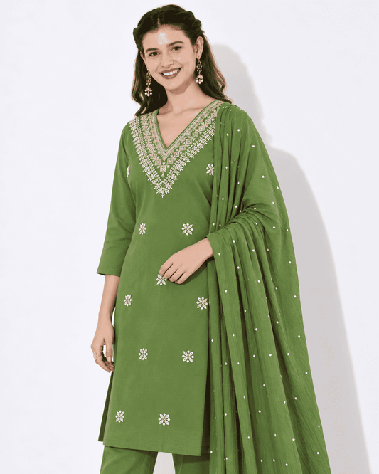 Green Embroidered Cotton Blend Kurta Pant and Dupatta