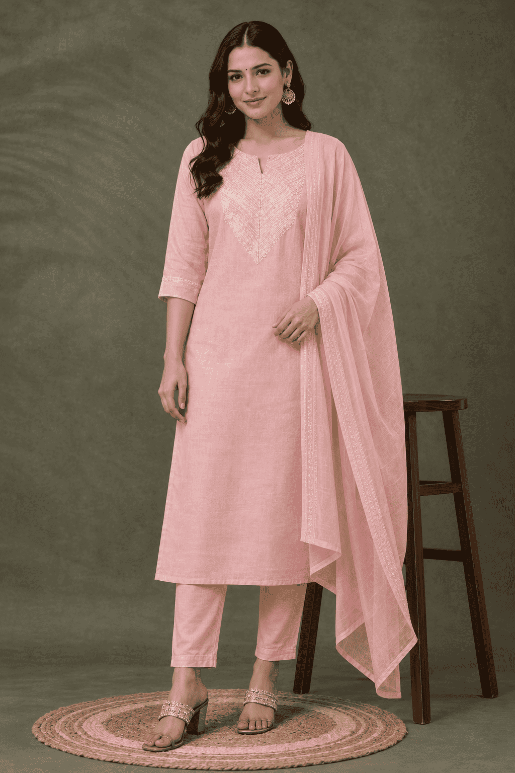 Blush Pink with gota work malmal Cotton Kurta Pant Set with dupatta