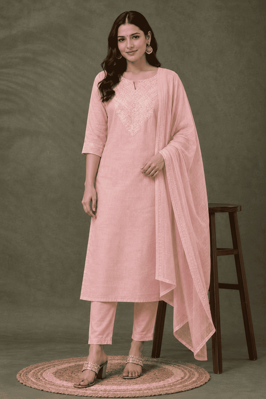 Blush Pink with gota work malmal Cotton Kurta Pant Set with dupatta