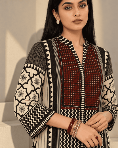 Black & Ivory Printed Modal Rayon Kurta Pant Set