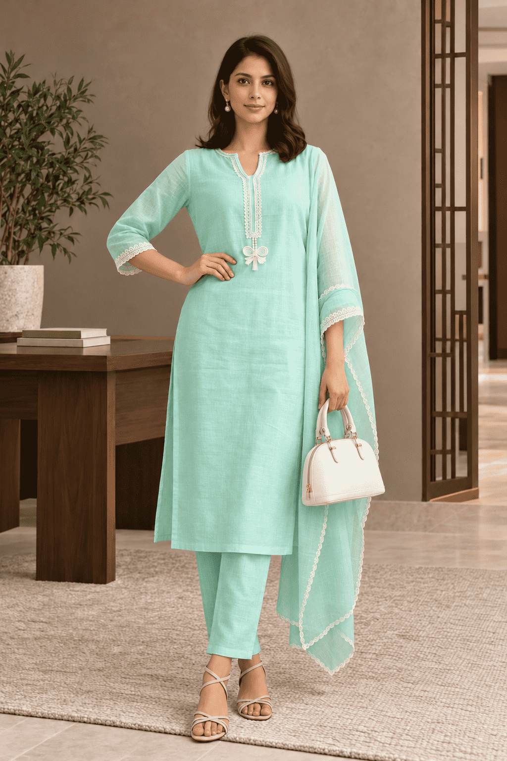 Unstitched sea green linen suit set with dupatta
