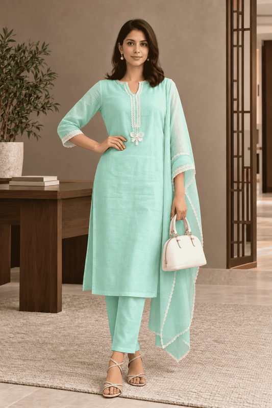 Unstitched sea green linen suit set with dupatta