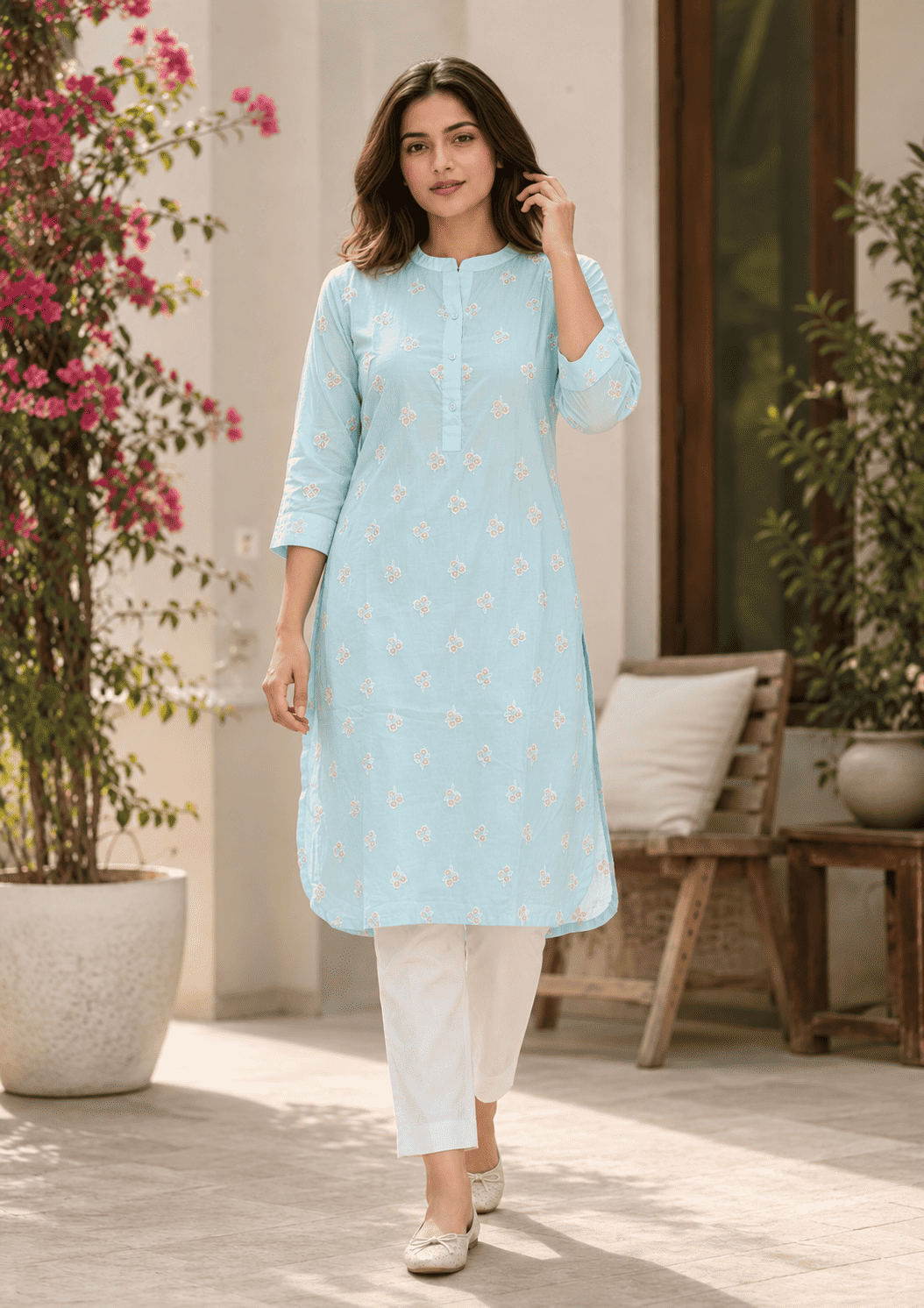 Blue Floral Embroidery Cotton Kurta