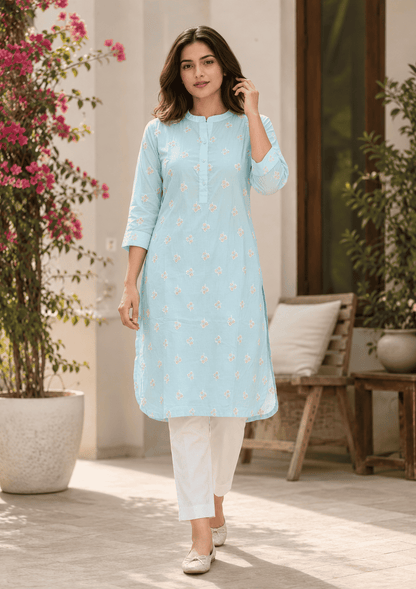 Blue Floral Embroidery Cotton Kurta