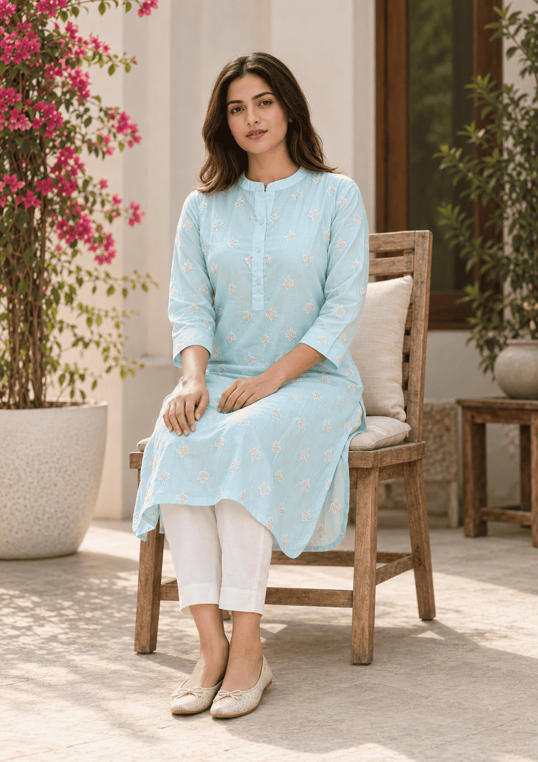 Blue Floral Embroidery Cotton Kurta