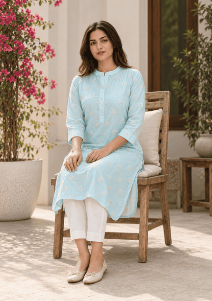 Blue Floral Embroidery Cotton Kurta