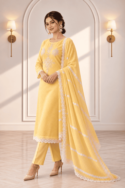 Unstitched lime embroidered cotton suit with dupatta