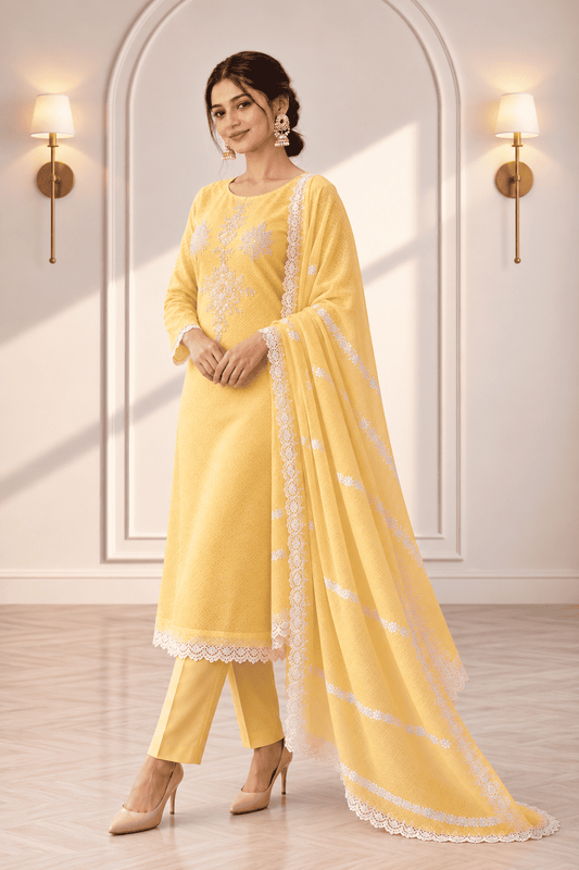 Unstitched lime embroidered cotton suit with dupatta