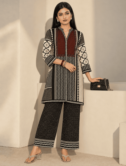 Black & Ivory Printed Modal Rayon Kurta Pant Set