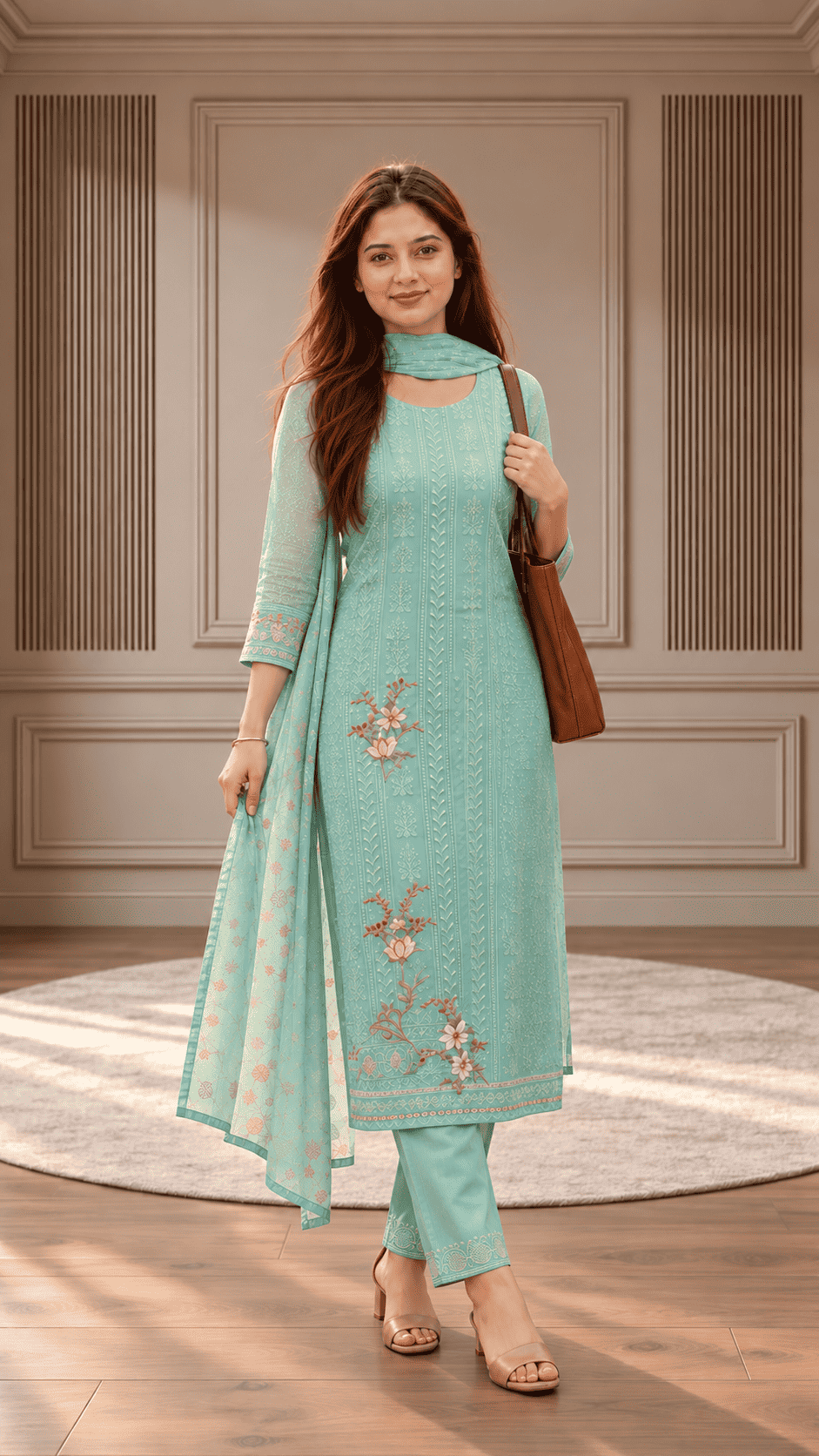 Unstitched Soft Aqua Blue Chiffon Suit With Tonal Thread Embroidery And Subtle Floral Digital Print Highlights