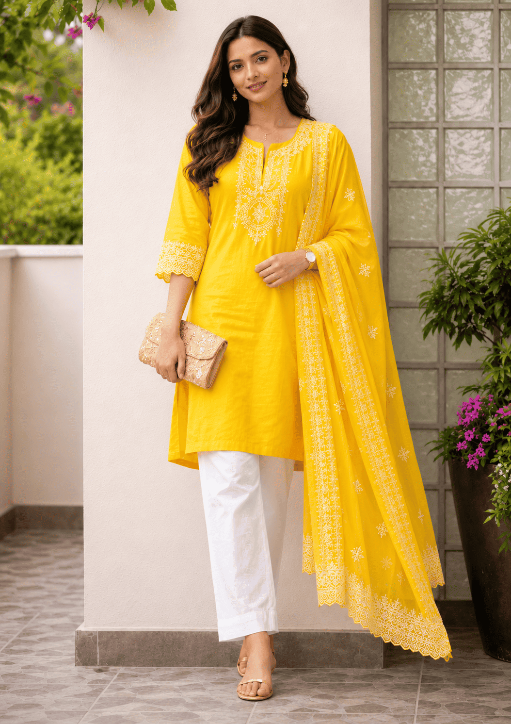 Bright Yellow Embroidered Cotton Kurta Pant Set With Dupatta