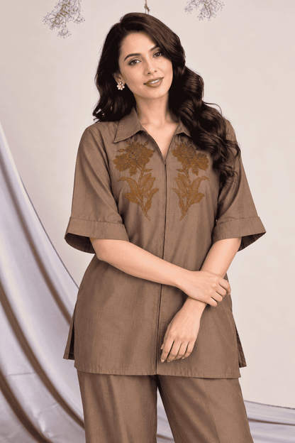 Olive Grey Embroidered Roman Silk Kurta Pant Set